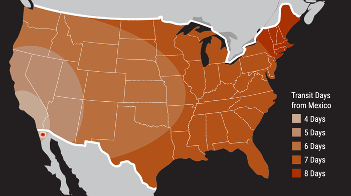 map showing shipping times for a competitor